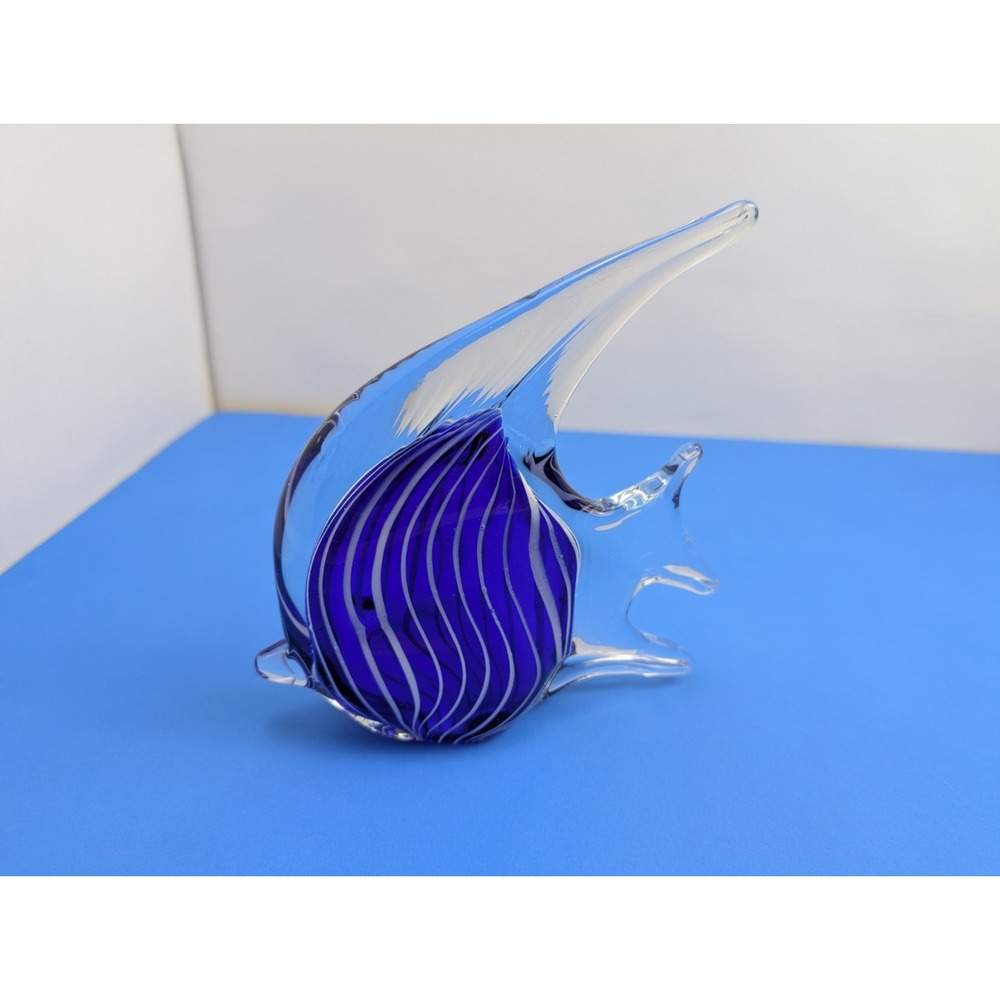 Large 7" Art Glass Angel Fish Figure Paperweight Blue White Stripe Murano Style